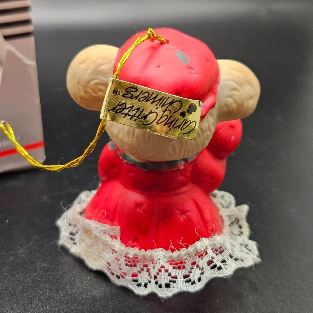 Vintage Chiming Critters Mouse Holding Baby Christmas Ornament Lace Trim 3